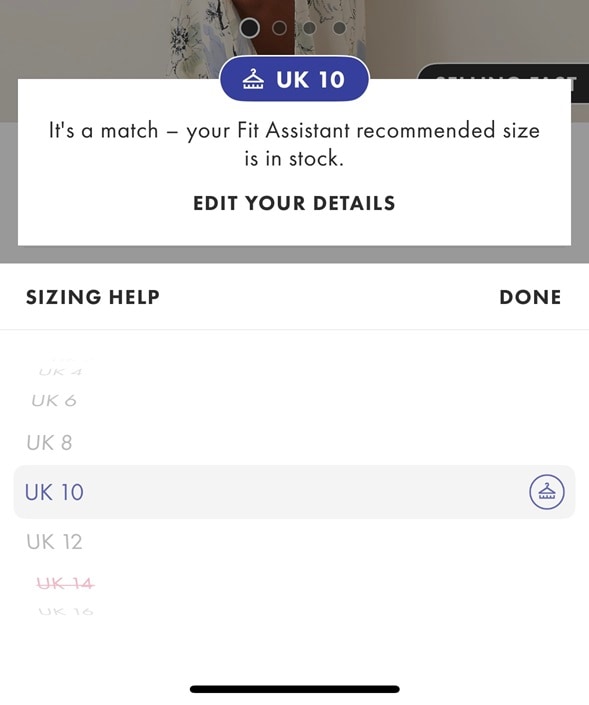 Image of a size recommendation by the Fit Assistant in the app