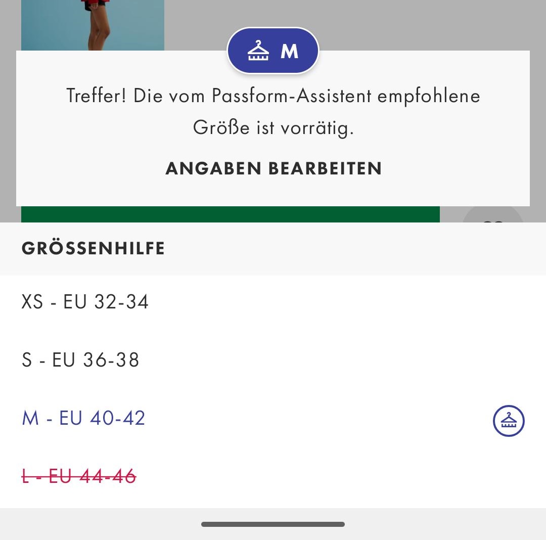 Image of Fit Assistant recommendation in the App
