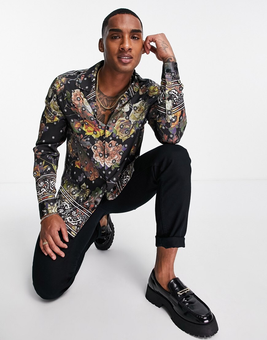 ASOS DESIGN relaxed revere satin shirt in floral bandana print | ASOS Style Feed