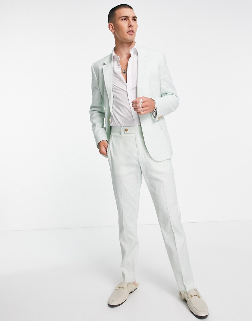ASOS DESIGN wedding slim suit in pastel green cotton linen | ASOS Style Feed