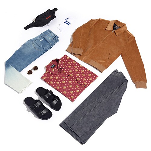 Your end-of-summer outfit featuring a red printed shirt, dip-dyed jeans, grey long-sleeved top, tan Harrington jacket and black sandals | ASOS Style Feed