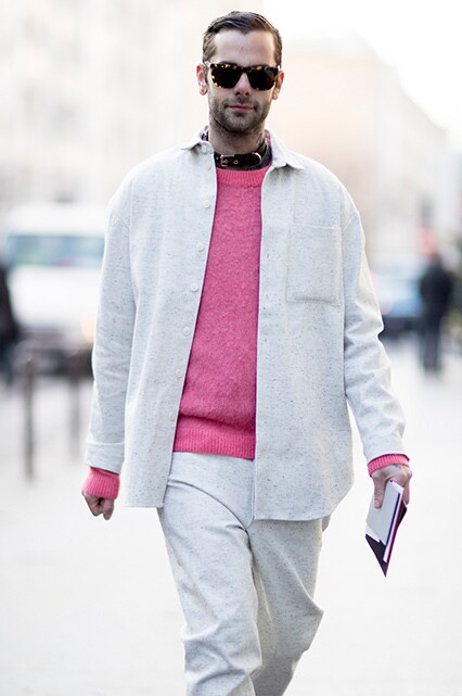 Model wearing a pink merino-wool crew-neck sweater | ASOS Style Feed