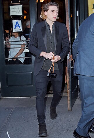Brooklyn Beckham long hair black suit