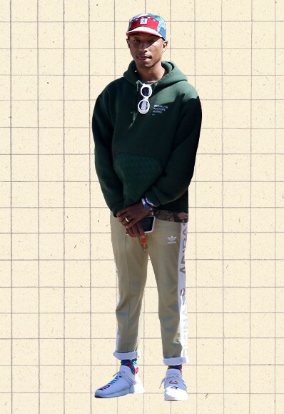 Outfit Of The Day #1,148 – Pharrell Williams Wearing Adidas Hu-NMDs, Smart Camel Adidas Jogers, Green, Brooklyn Machine Works Hoodie, Patchwork Cap And White Sunglasses.