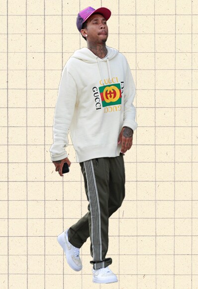 ootd tyga in gucci hoodie and striped joggers asos