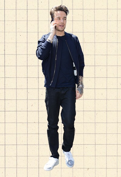 Liam Payne wearing a simple, navy tee and matching bomber jacket at MFW | ASOS Style Feed