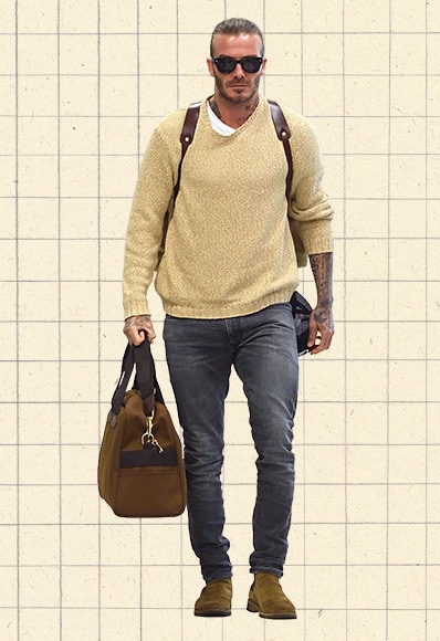 David Beckham wearing a white tee under a beige jumper with jeans and Chelsea boots | ASOS Style Feed