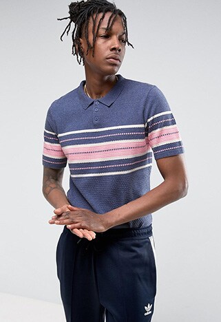 Male model in striped polo shirt