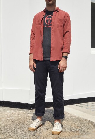 ASOSer wearing a long-sleeved shirt with straight-leg chinos and trainers | ASOS Style Feed