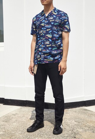 ASOSer wearing a patterned shirt with matching black trousers and shoes | ASOS Style Feed