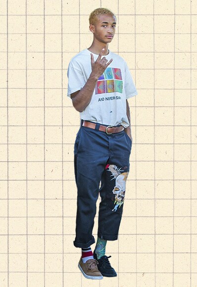 Jaden Smith wearing a white oversized tee, tucked into wider-leg chinos and odd shoes | ASOS Style Feed