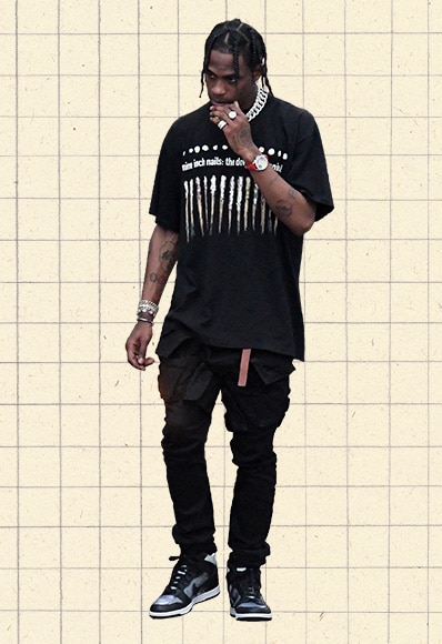 Travis Scott wearing a black Nine Inch Nails band tee | ASOS Style Feed