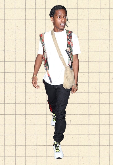 A$AP Rocky wearing a white T-shirt, camouflage gilet-cum-backpack, black S.P. Badu joggers, techy trainers and a cross-body bag | ASOS Style Feed