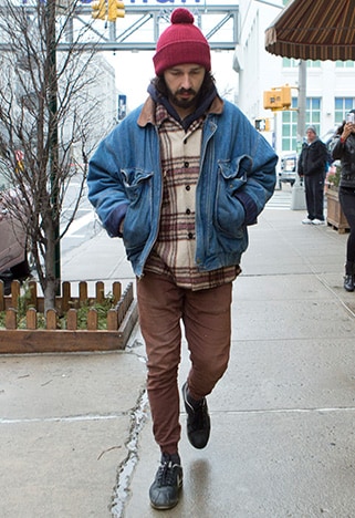 shia labeouf in check shirt and denim jacket. most stylish guys of 2017 so far