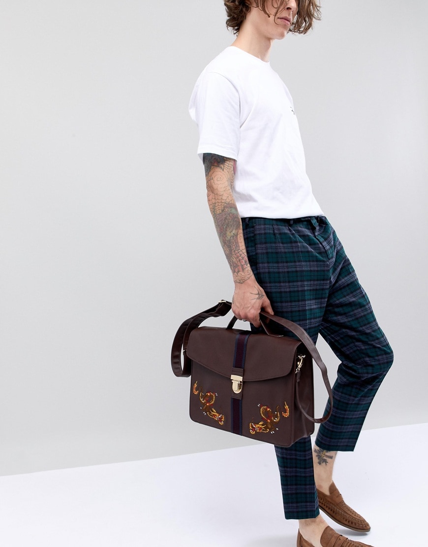 ASOS DESIGN faux-leather satchel with embroidery available at ASOS | ASOS Style Feed