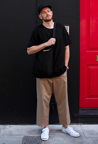 ASOS Insider Oliver wearing brown chinos, a black tee and indigo cap | ASOS Style Feed