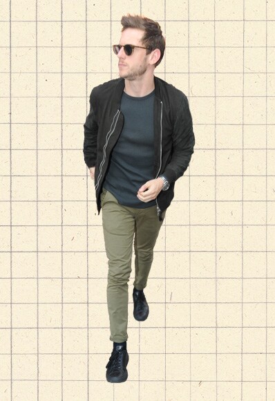 Jamie Bell wearing a black bomber jacket, waffle-knit tee and green chinos | ASOS Style Feed 