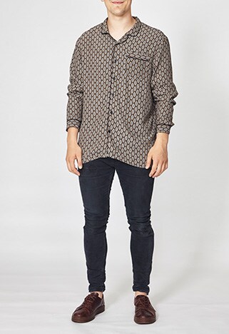 ASOSer wearing Topman printed pyjama shirt, Cheap Monday jeans and oxblood Dr Martens | ASOS Style Feed