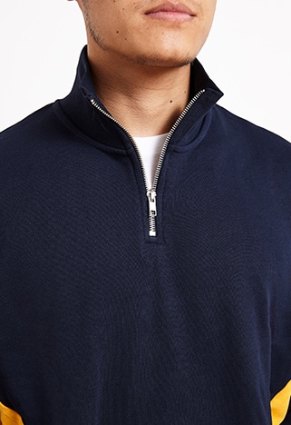 ASOSer wearing a cut-and-sew sweater with a half-zip | ASOS Style Feed