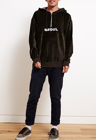ASOSer wearing a velour half-zip hoodie | ASOS Style Feed