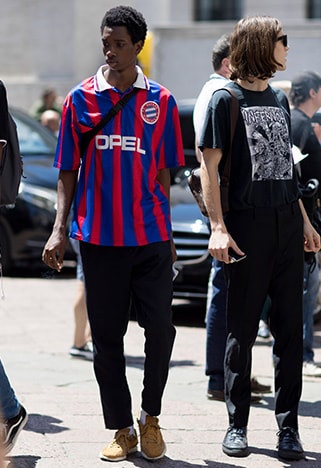 A street-styler wearing a mid-90s Bayern Munich home shirt | ASOS Style Feed