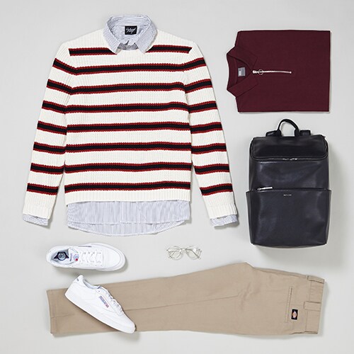 Your back-to-work outfit, featuring a striped knitted jumper, an oxford shirt, Dickies chinos and Reebok Club C's |ASOS Style Feed