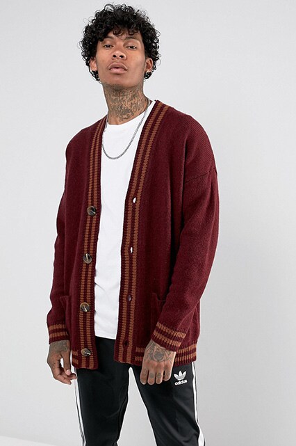 ASOS textured cardigan in burgundy with mustard piping | ASOS Style Feed
