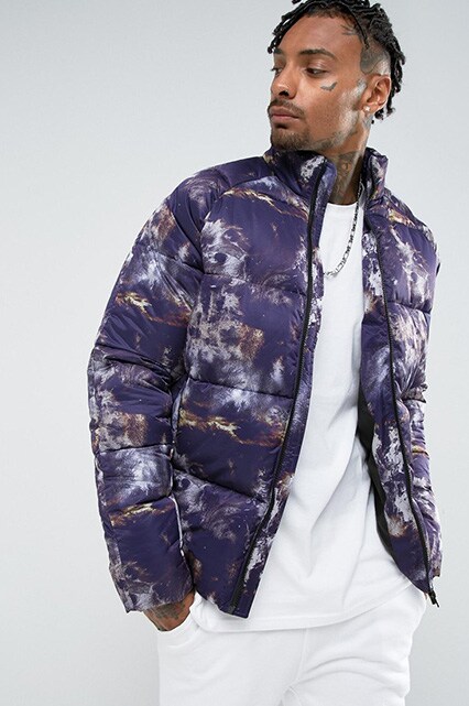 ASOS puffer in all-over print in purple | ASOS Style Feed