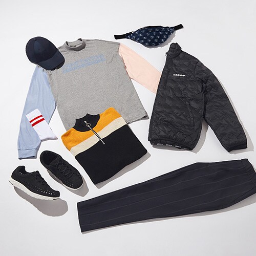 Your 24-hour outfit featuring a padded adidas Originals jacket, grey long-sleeved T-shirt, a half-zip jumper in block colours, pinstripe trousers, and black Nike Mayfly trainers | ASOS Style Feed