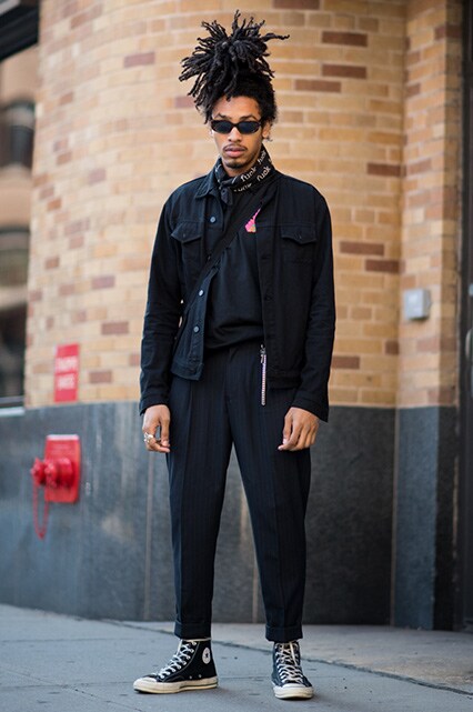 New York Fashion Week street-styler wearing a Palace T-shirt, black trousers, denim jacket, shades and Converse trainers | ASOS Style Feed