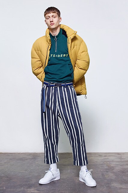 Model wearing an oversized puffer jacket, a half-zip top, cropped trousers and white sneakers | ASOS Style Feed