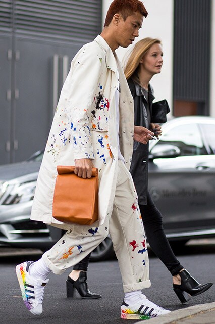 Street styler in a neutral paint-splattered co-ord with matching adidas Originals Superstar trainers | ASOS Style Feed
