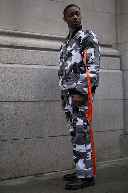 Street styler in a camouflage bomber jacket and wide-leg trousers  co-ord | ASOS Style Feed