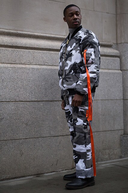 Street styler in a camouflage bomber jacket and wide-leg trousers co-ord | ASOS Style Feed