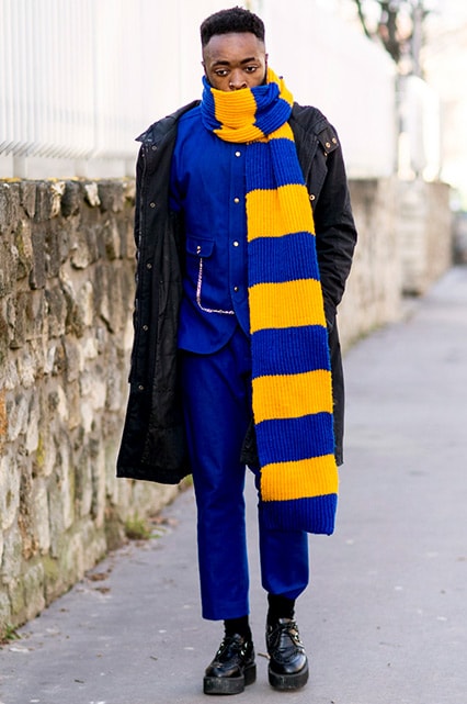 Street styler in a cobalt co-ord, striped scarf and black coat | ASOS Style Feed