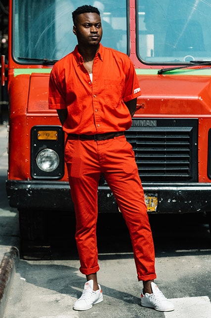 Street styler in a red co-ord and clean white trainers | ASOS Style Feed