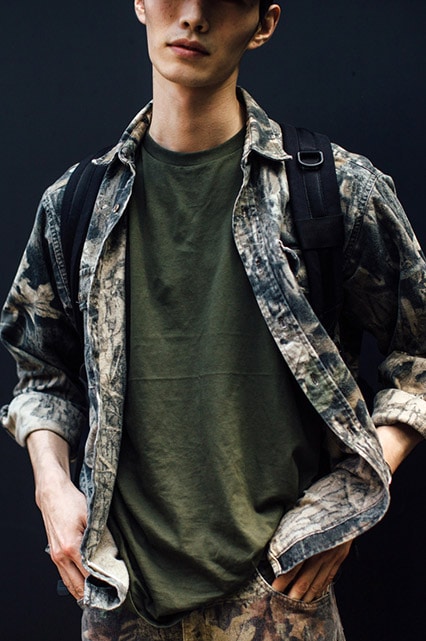 Street-style model wearing a camo jacket layered over a simple tee | ASOS Style Feed