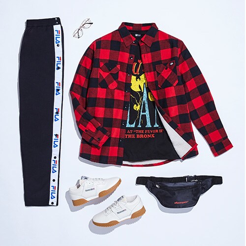 Red check shirt, black Fila tracksuit bottoms, black bumbag, Wu-Tang Clan T-shirt, gold-framed glasses and Reebok Workout trainers | ASOS Style Feed