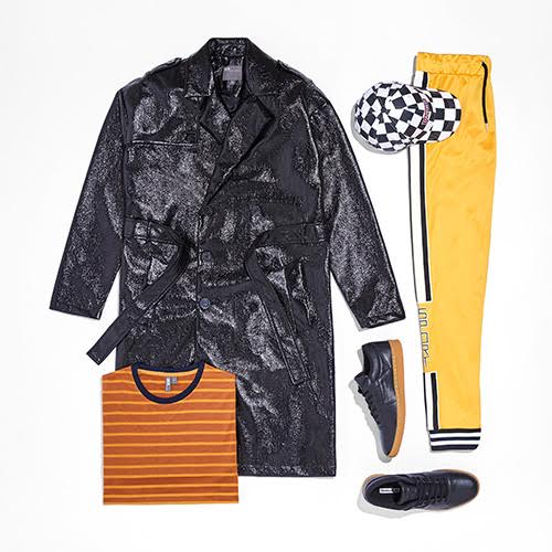 New Colours for AW17: Yellow/Orange featuring an ASOS striped T-shirt,  Jaded London track joggers, ASOS oversized vinyl trench coat,  Granted baseball cap in checkerboard and Reebok Club Workout trainers | ASOS Style Feed
