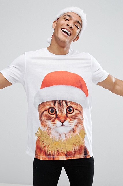 ASOS Christmas Longline T-Shirt With Cat Print, available on ASOS