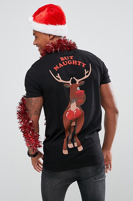 ASOS Longline Christmas T-Shirt With Nice But Naughty Reindeer Print, available on ASOS