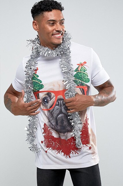 ASOS Christmas Longline T-Shirt With Pug Print And Glitter Effect, available on ASOS