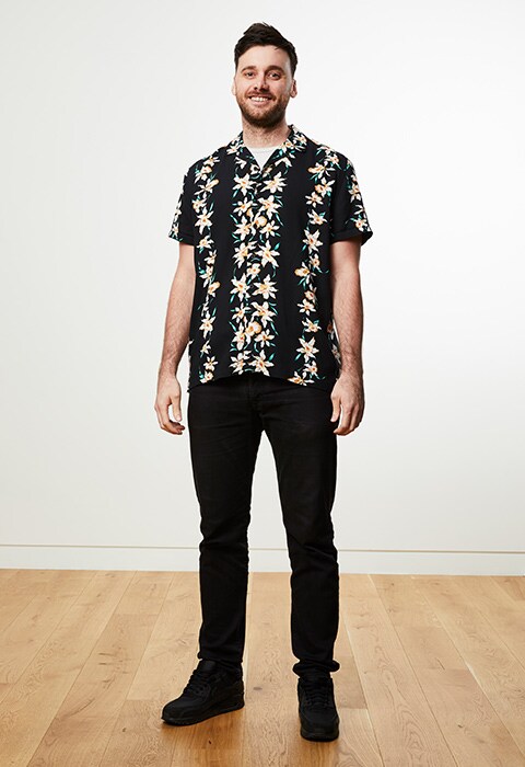 Artworker James wearing a Hawaiian shirt, white T-shirt, black jeans and black Air Max 90 trainers available at ASOS | ASOS Style Feed