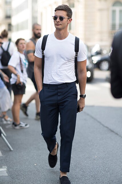 A street-styler wearing a white T-shirt and a teal co-ord | ASOS Style Feed