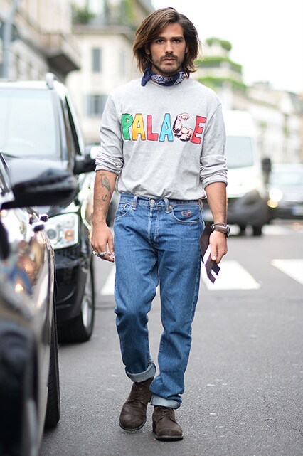 A street-styler wearing a Palace sweatshirt | ASOS Style Feed