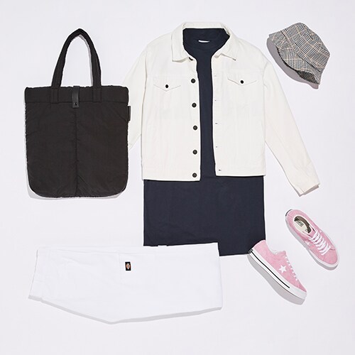 A check bucket hat, white denim jacket, white work pants, a tote bag and a T-shirt available at ASOS | ASOS Style Feed