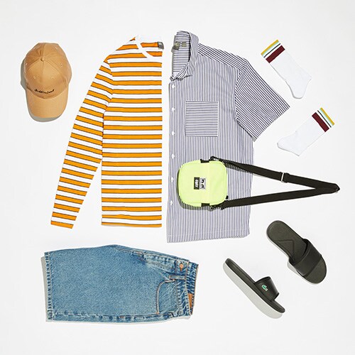 A striped T-shirt, shirt, cap, shorts, athletic socks and sliders | ASOS Style Feed