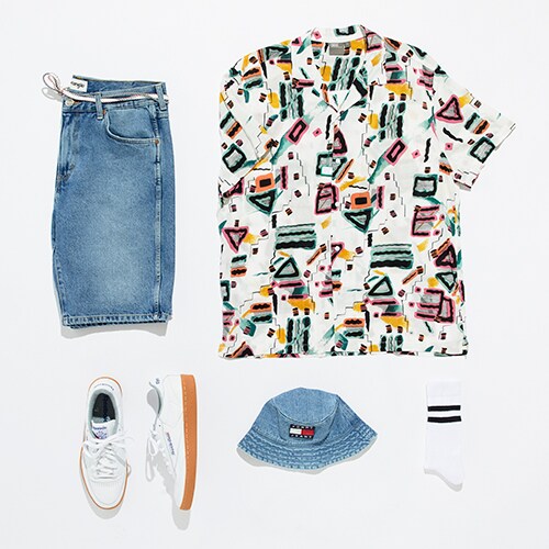 A printed shirt, denim shorts, Tommy Hilfiger bucket hat and Reebok trainers available at ASOS | ASOS Style Feed