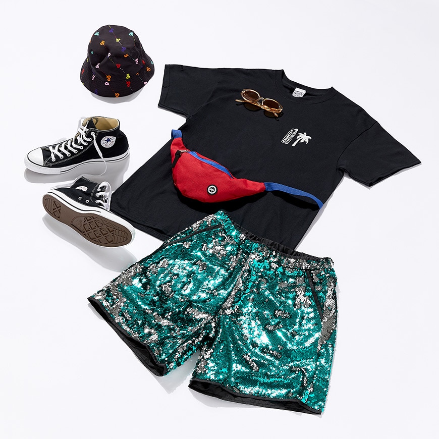 A graphic-print T-shirt, ASOS x glaad& hat, shorts, cross-body bag and Converse All Star trainers available at ASOS | ASOS Style Feed