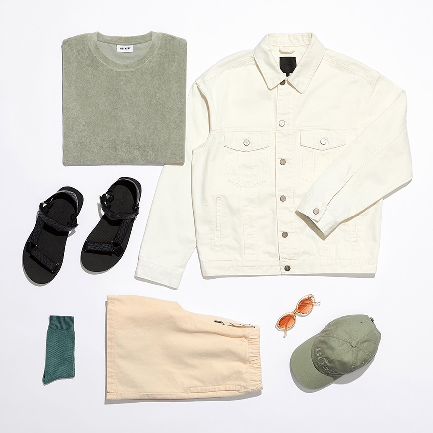 A Weekday top, cream jacket, Boss cap, sunglasses, sandals and socks available at ASOS | ASOS Style Feed